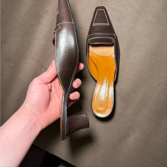 Bruno Magli Dark Brown Leather Square-Toe Slip-On Mules - Picture 3 of 7